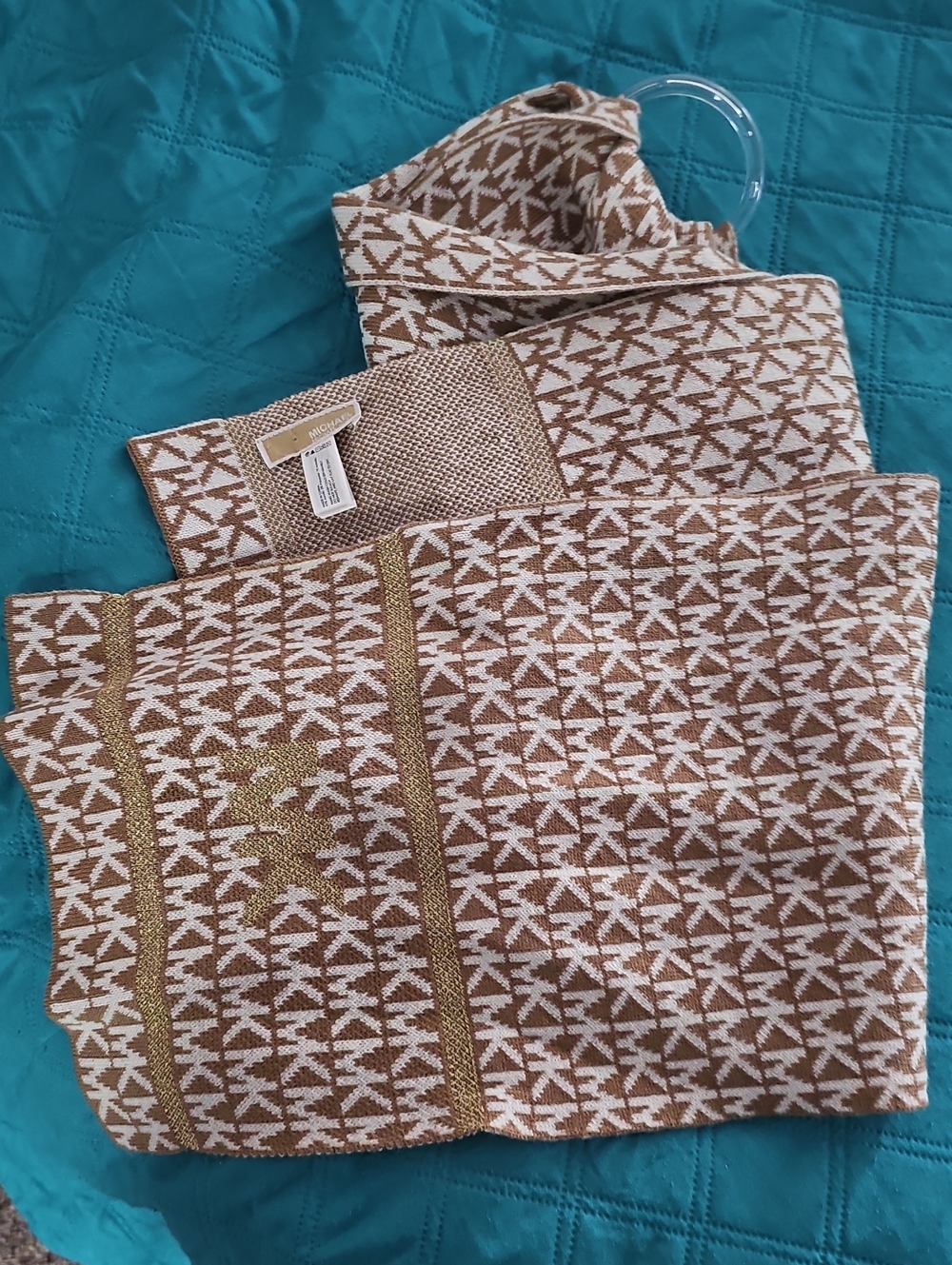MK Michael Kors Brown /White Logo Knit Scarf with Gold Trim- NWT ( unisex)